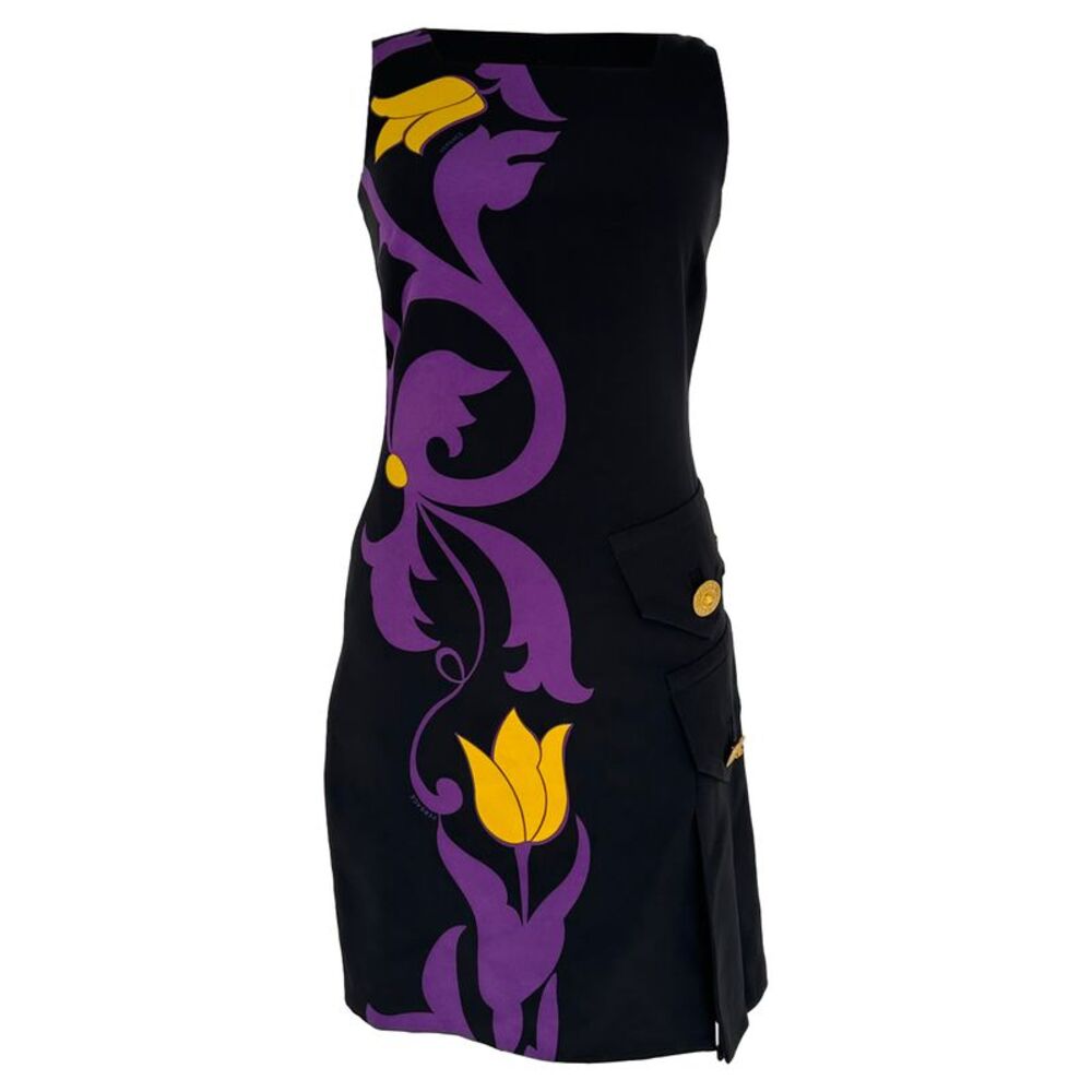 Versace Tulip-Print Mini Dress in Black Silk
